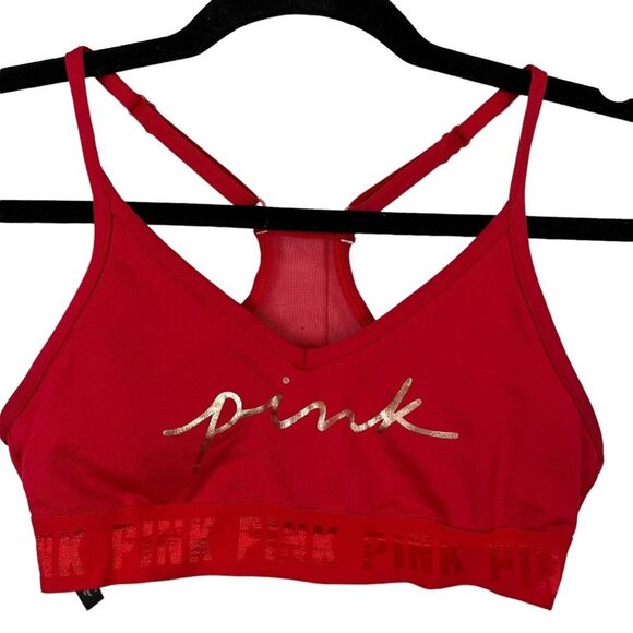 VICTORIA'S SECRET PINK Active Red Gold Spell Out Lightly Lined Bralette Bra XS - Picture 1 of 16
